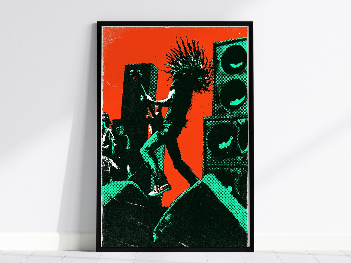 Guitarist Leaves Ground Poster | Orange and Green Screen Print Art Print | Music Lover Wall Art — framed print on the wall, 2