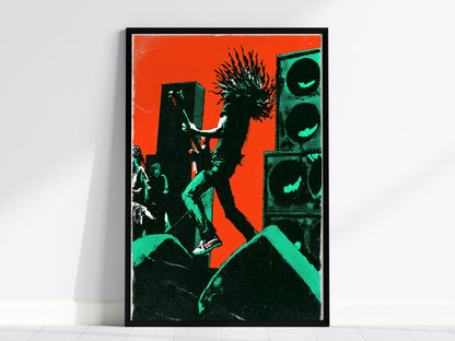 Guitarist Leaves Ground Poster | Orange and Green Screen Print Art Print | Music Lover Wall Art — framed print on the wall, 2