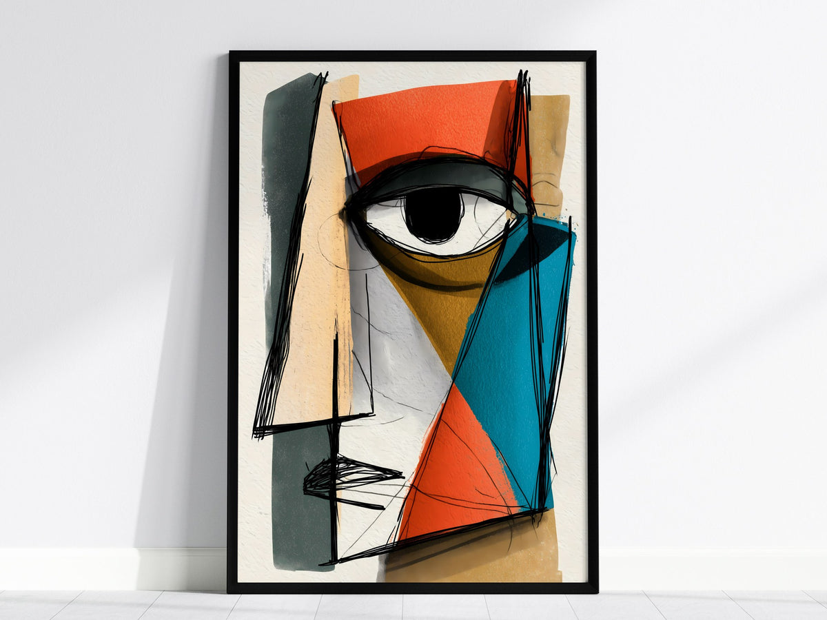 Fractured Gaze Poster | Teal and Burnt Illustrative Art Print | Modern Art Collectors Wall Art — framed print on the wall, 24