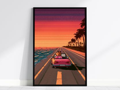 Capybara Drives Sunset Poster | Coral and Purple Pixel Art Print | Retro Gaming Wall Art — framed print on the wall, 24x36 in