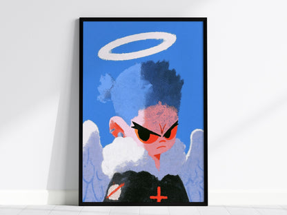 Fallen Angel Scowls Poster | Periwinkle and Orange Screen Print Art Print | Dark Fantasy Wall Art — framed print on the wall
