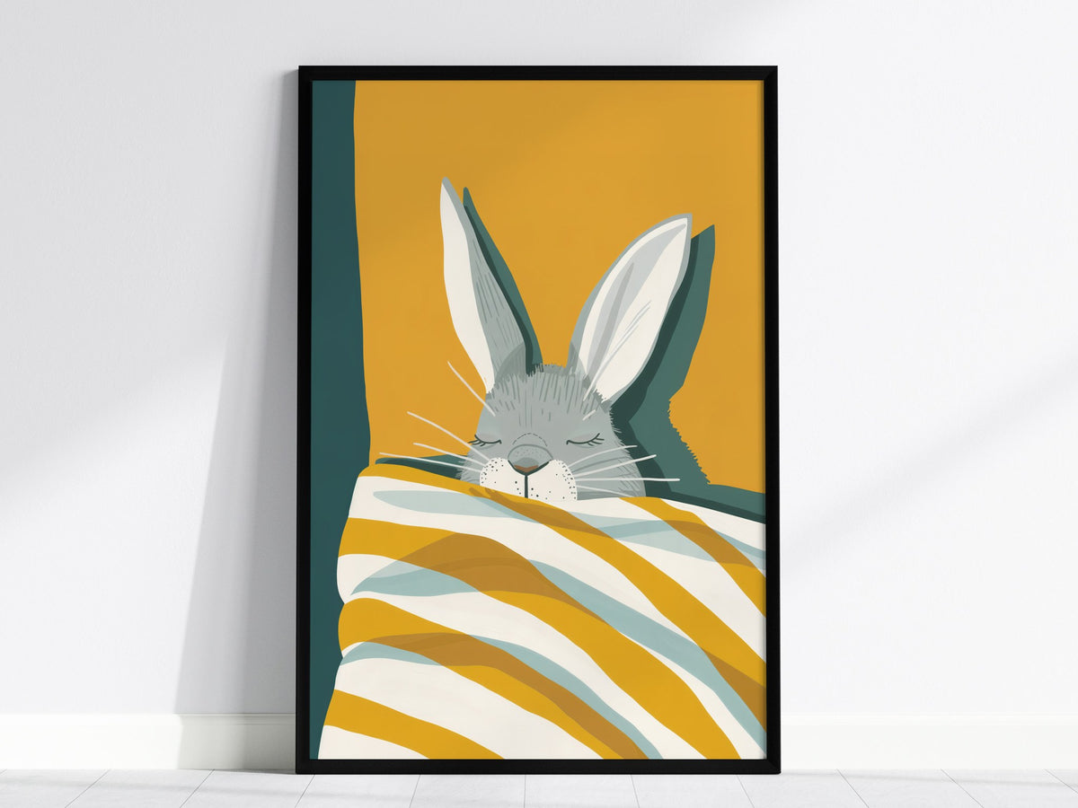 Rabbit Under Quilt Poster | Mustard and Teal Flat Design Art Print | Cottagecore Wall Art — framed print on the wall, 24x36 i