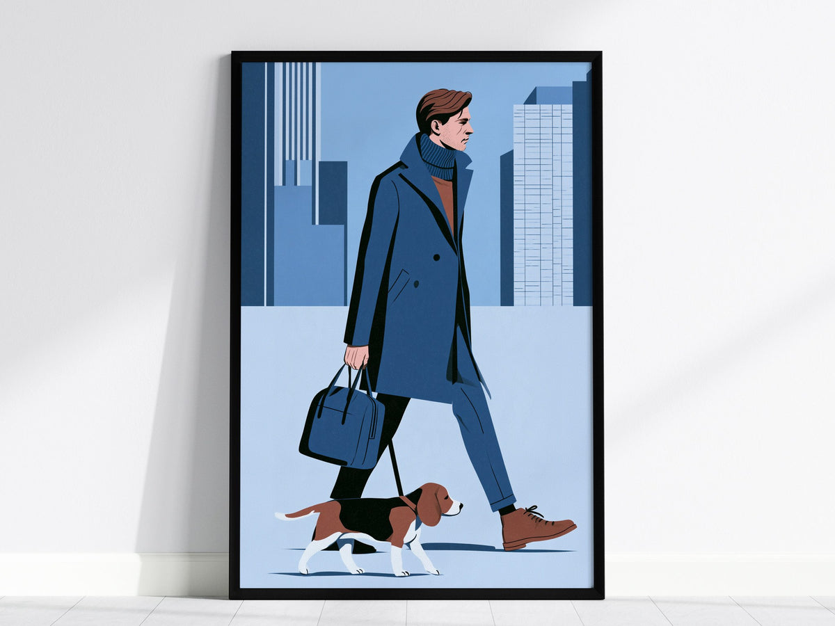 Man Walks Spring Poster | Coral and Pink Illustrative Art Print | Fashion Modern Wall Art — framed print on the wall, 24x36 i