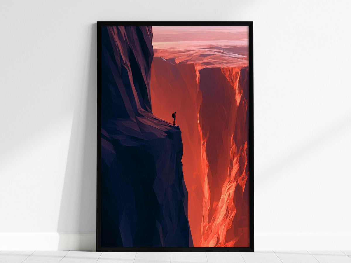 Hiker Finds the Edge Poster | Rust and Purple Low Poly Art Print | Hikers Wall Art — framed print on the wall, 24x36 in