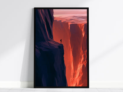 Hiker Finds the Edge Poster | Rust and Purple Low Poly Art Print | Hikers Wall Art — framed print on the wall, 24x36 in