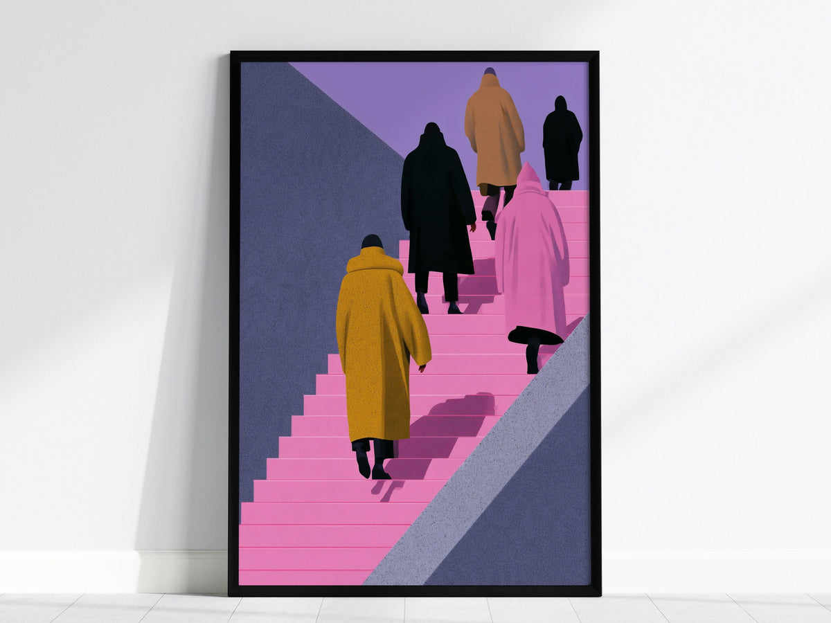Figures Ascending Pink Poster | Pink and Purple Illustrative Art Print | Urban Minimalist Wall Art — framed print on the wall