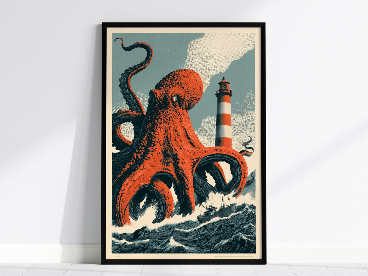 Octopus Finds Paradise Poster | Pink and Blue Screen Print Art Print | Retro Futurism Wall Art — framed print on the wall, 24
