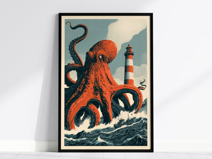 Octopus Finds Paradise Poster | Pink and Blue Screen Print Art Print | Retro Futurism Wall Art — framed print on the wall, 24