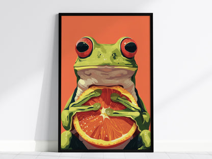 Frog with Orange Poster | Red and Green Flat Design Art Print | Kids Room Wall Art — framed print on the wall, 24x36 in