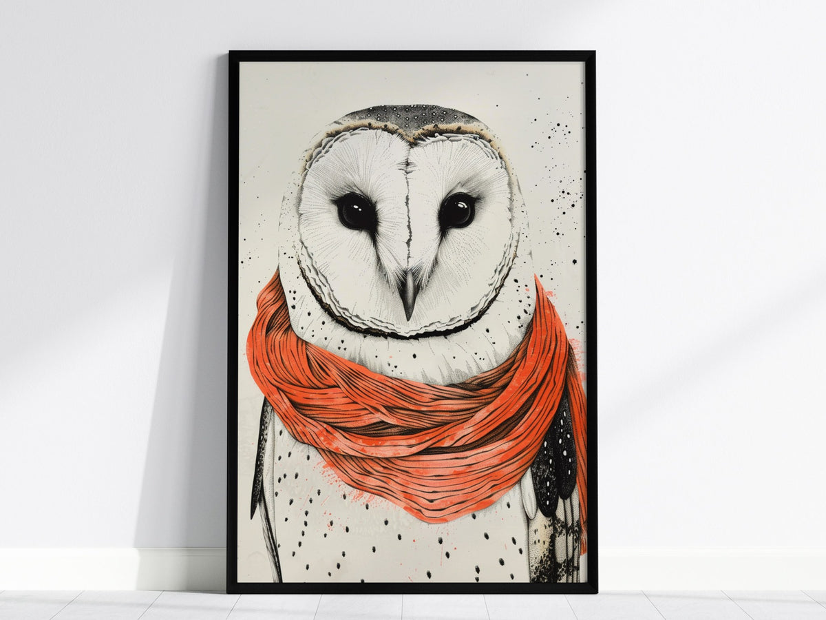 Owl in Scarf Poster | Black and Coral Pen and Ink Art Print | Cottagecore Wall Art — framed print on the wall, 24x36 in