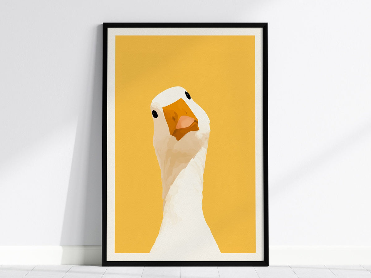 Goose Tilts Head Poster | White and Gold Flat Design Art Print | Kids Room Wall Art — framed print on the wall, 24x36 in