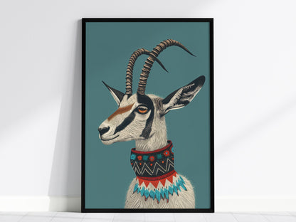 Gazelle Wears Collar Poster | Teal and Gray Illustrative Art Print | Modern Minimalist Wall Art — framed print on the wall, 2
