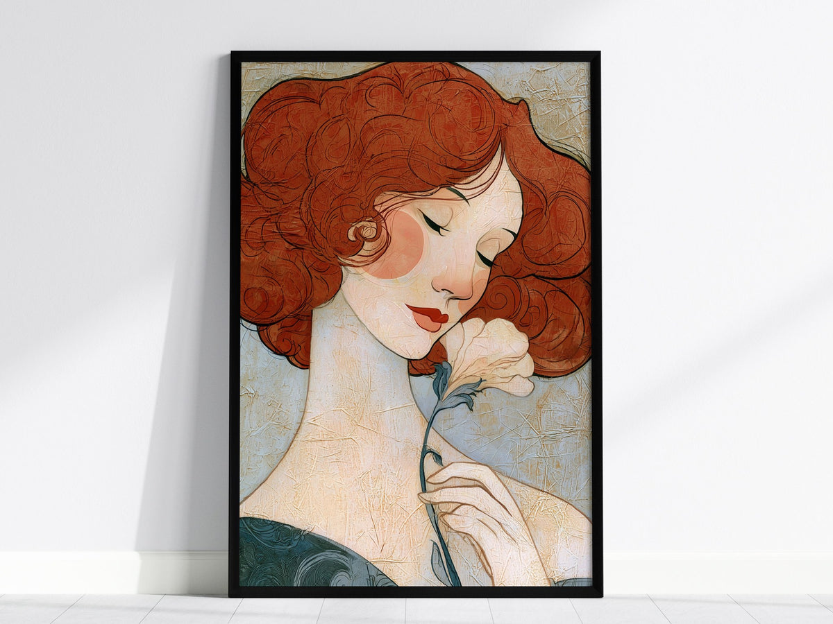 Woman Holds Flower Poster | Coral and Cream Illustrative Art Print | Art Deco Wall Art — framed print on the wall, 24x36 in