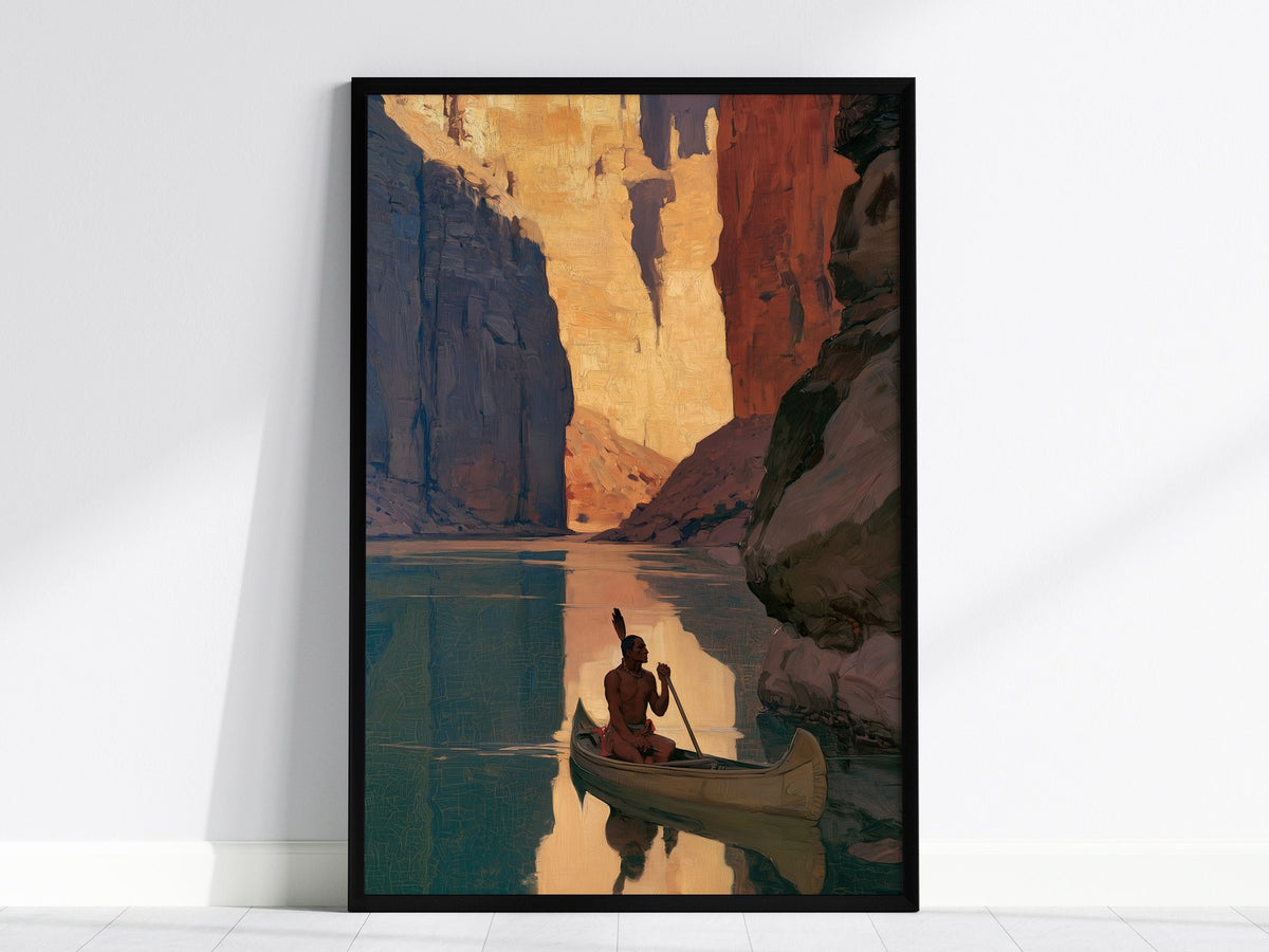 canoe-in-canyon-light Poster | Amber and Shadow Oil Painting Art Print | Adventure Wall Art — framed print on the wall, 24x36