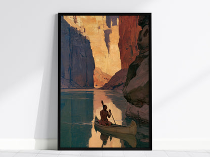 canoe-in-canyon-light Poster | Amber and Shadow Oil Painting Art Print | Adventure Wall Art — framed print on the wall, 24x36
