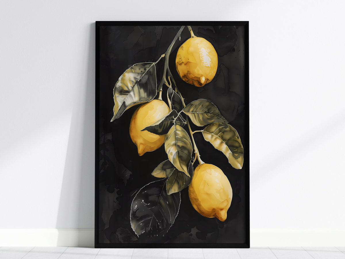 Three Lemons on Black Poster | Yellow and Black Japanese Watercolor Art Print | Kitchen Wall Art — framed print on the wall