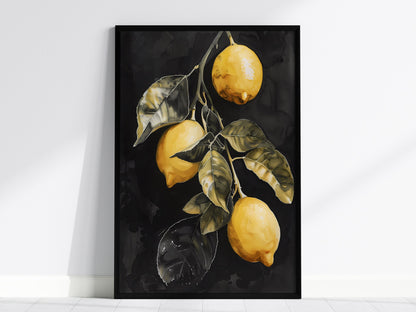 Three Lemons on Black Poster | Yellow and Black Japanese Watercolor Art Print | Kitchen Wall Art — framed print on the wall