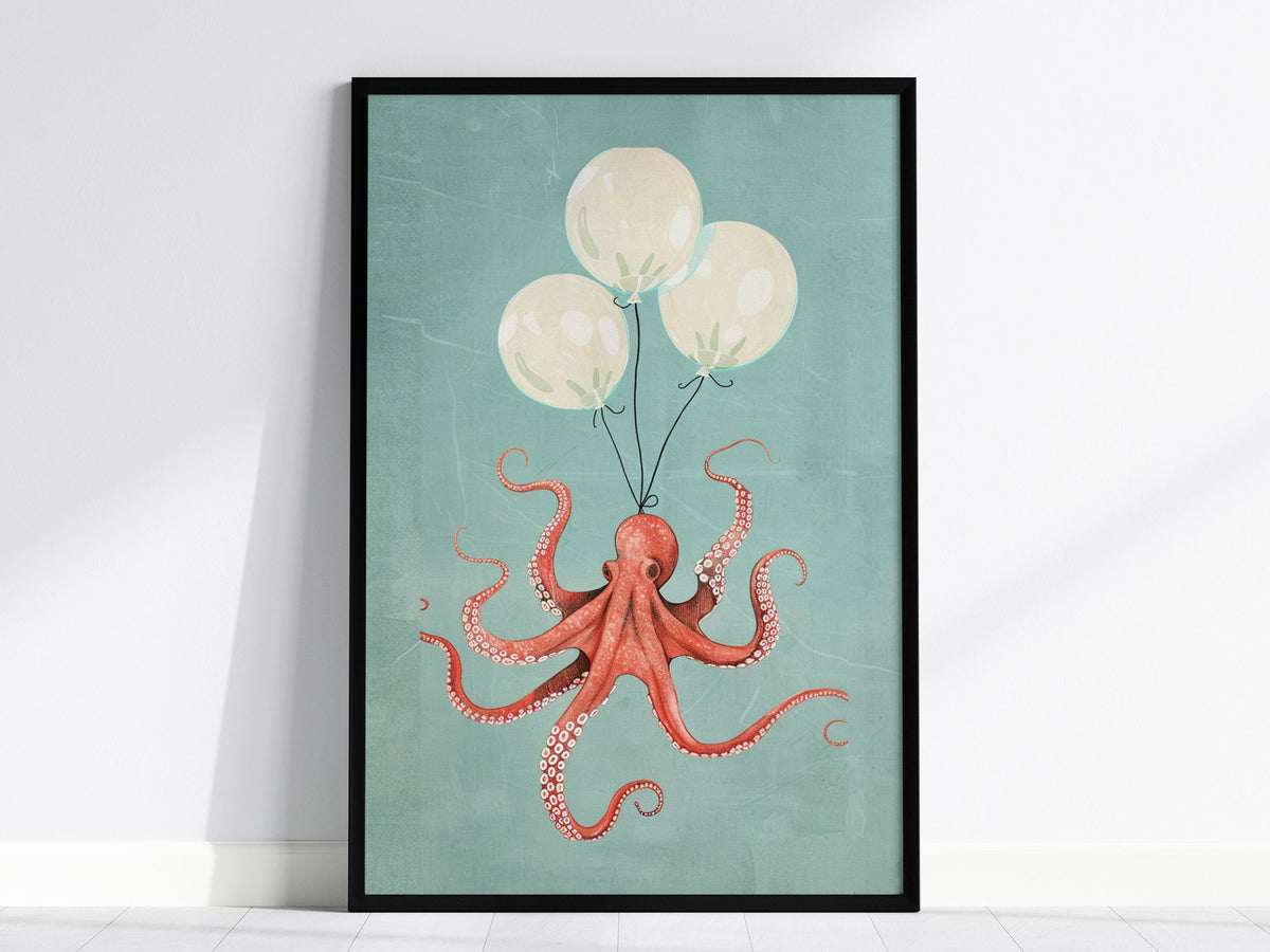 Balloon Octopus Poster | Coral and Teal Illustrative Art Print | Surrealist Wall Art — framed print on the wall, 24x36 in