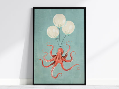 Balloon Octopus Poster | Coral and Teal Illustrative Art Print | Surrealist Wall Art — framed print on the wall, 24x36 in