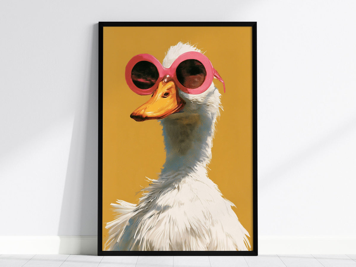 Duck in Pink Shades Poster | Mustard and Pink Screen Print Art Print | Playful Modern Wall Art — framed print on the wall, 24