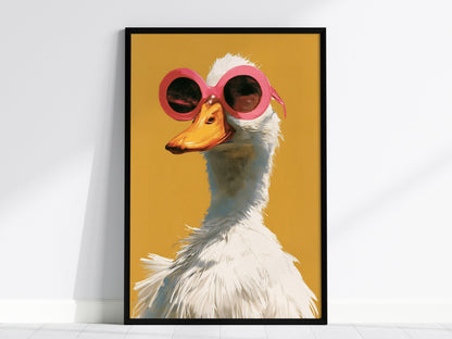 Duck in Pink Shades Poster | Mustard and Pink Screen Print Art Print | Playful Modern Wall Art — framed print on the wall, 24