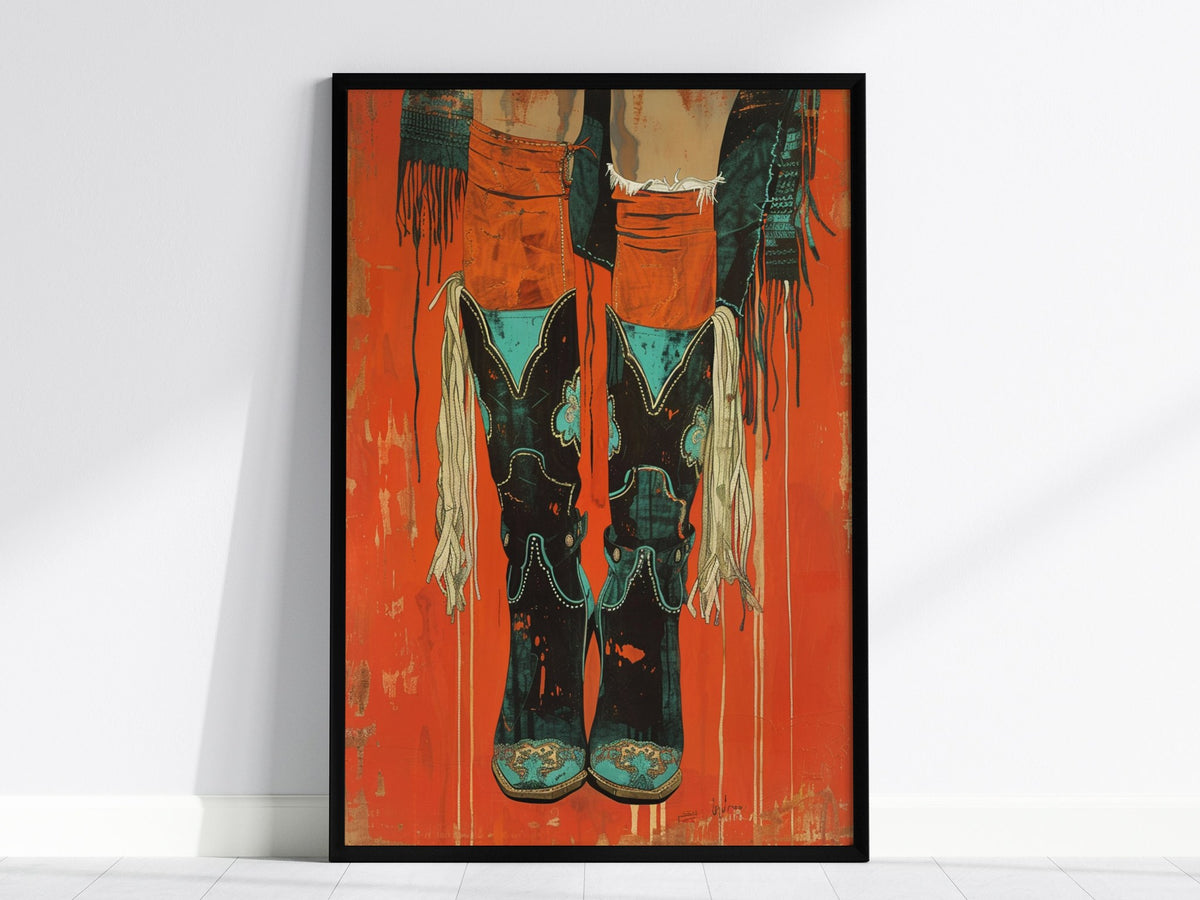 Cowgirl Boots Up Poster | Rust and Turquoise Matisse Style Art Print | Western Wall Art — framed print on the wall, 24x36 in