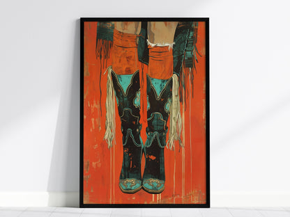 Cowgirl Boots Up Poster | Rust and Turquoise Matisse Style Art Print | Western Wall Art — framed print on the wall, 24x36 in