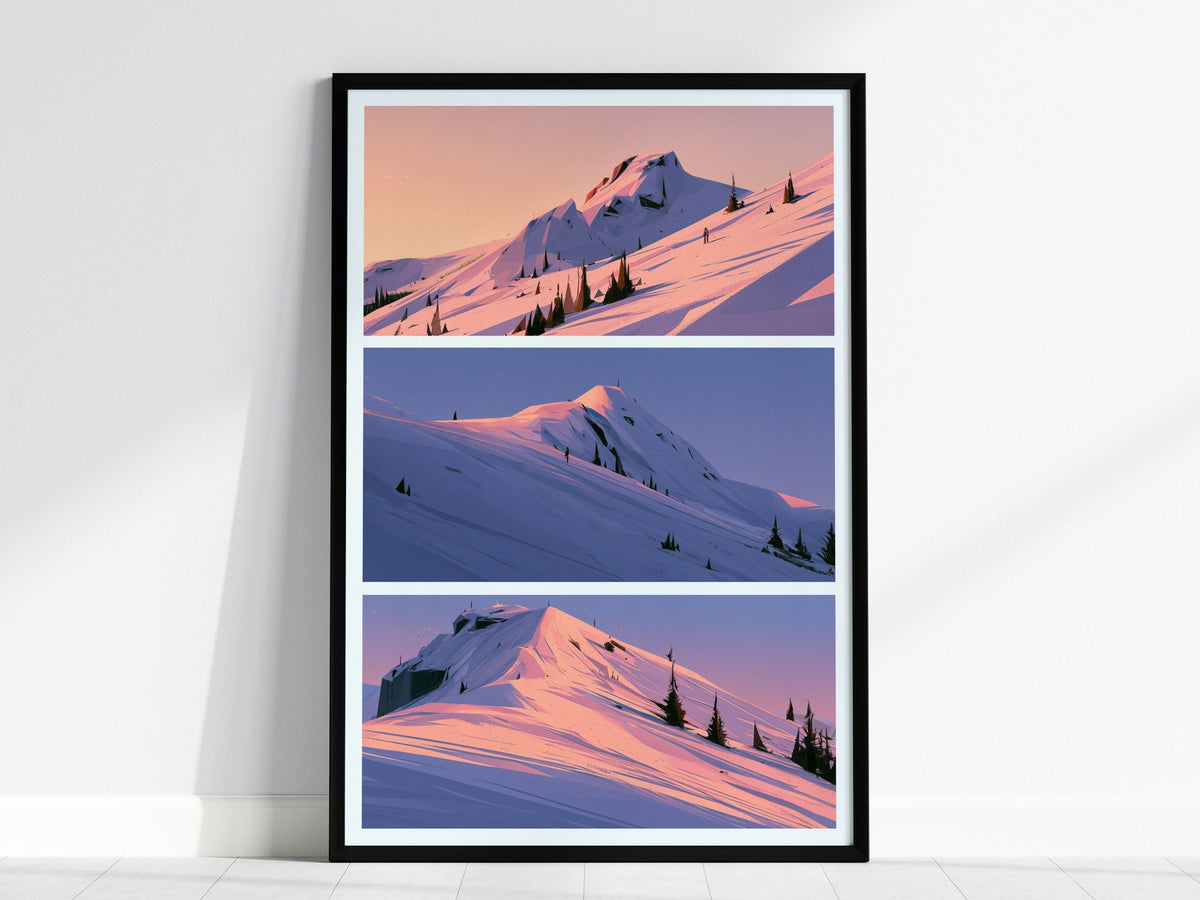 Mountain Waits Dusk Poster | Peach and Lavender Illustrative Art Print | Alpine Minimalist Wall Art — framed print on the wal