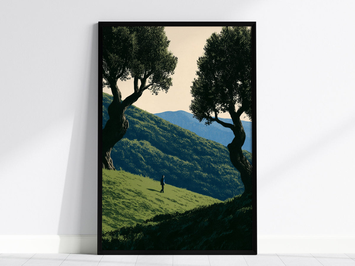 Child Climbs Green Slope Poster | Green and Sage Illustrative Art Print | Kids Room Wall Art — framed print on the wall, 24x3