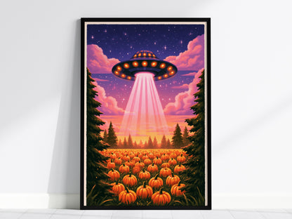 Gourd Harvest Poster | Orange and Purple Illustrative Art Print | Sci-Fi Wall Art — framed print on the wall, 24x36 in