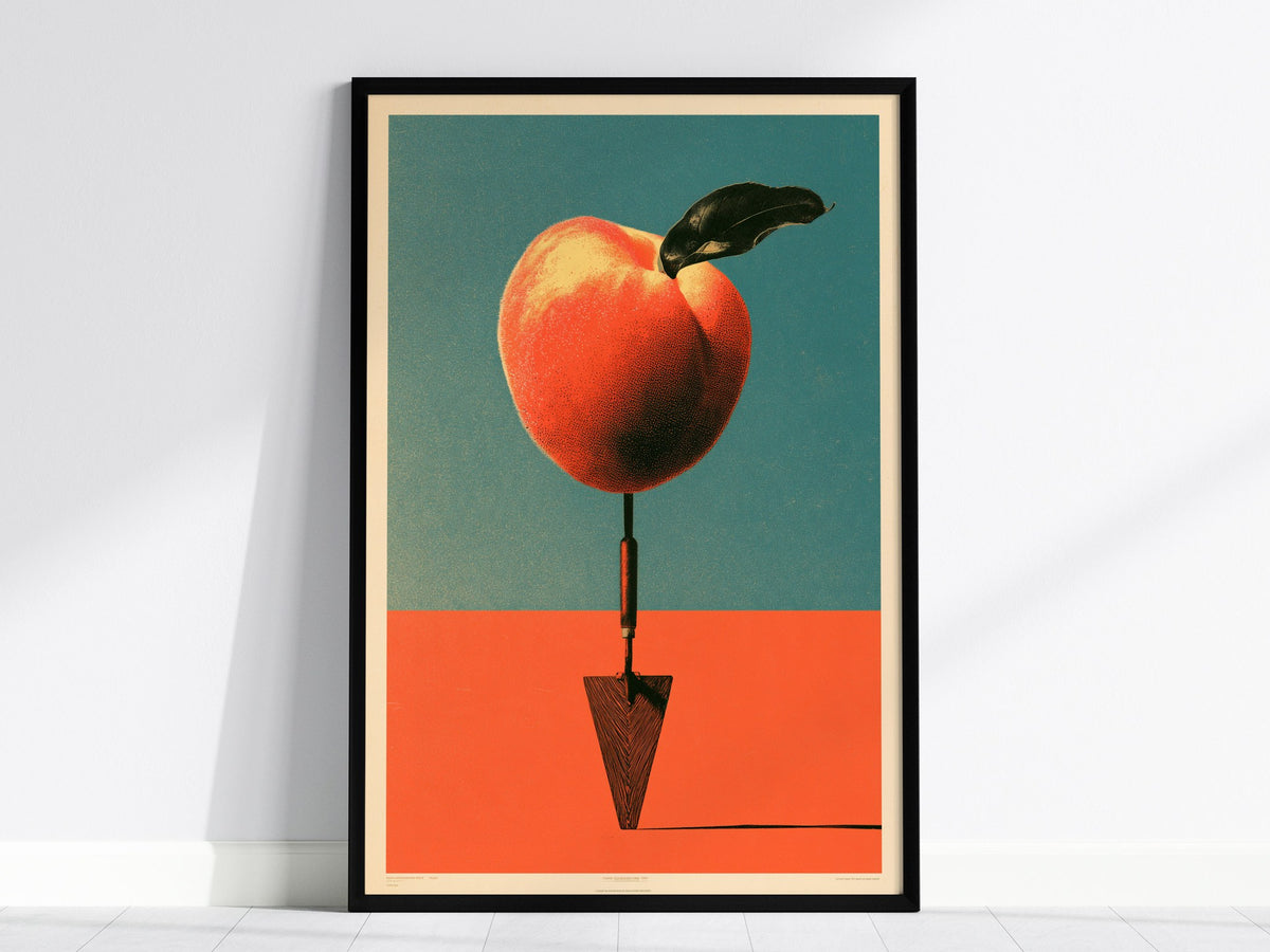 Trowel and Peach Poster | Teal and Orange Screen Print Art Print | Kitchen Wall Art — framed print on the wall, 24x36 in