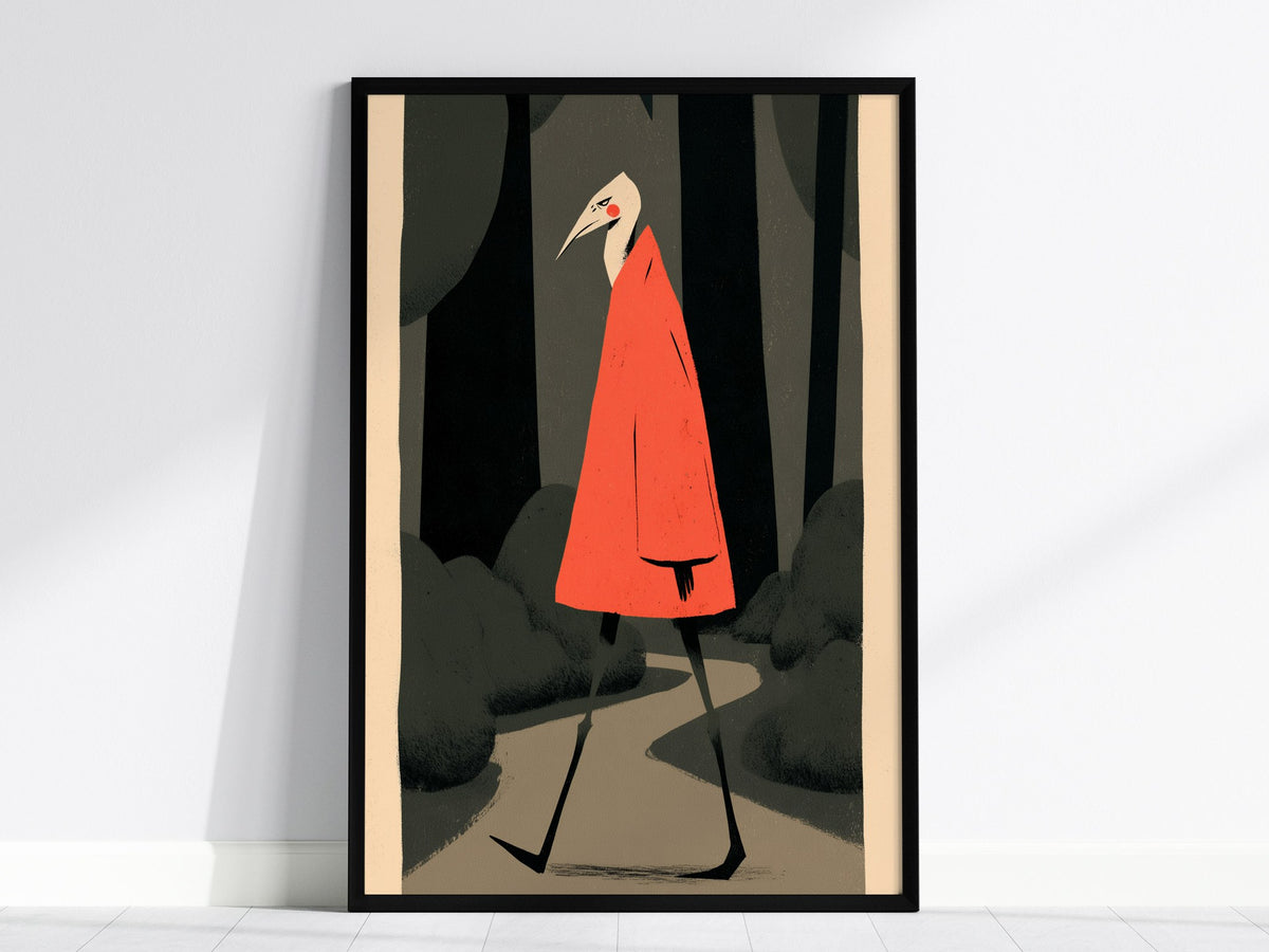Heron Walks Alone Poster | Coral and Forest Illustrative Art Print | Surreal Wall Art — framed print on the wall, 24x36 in