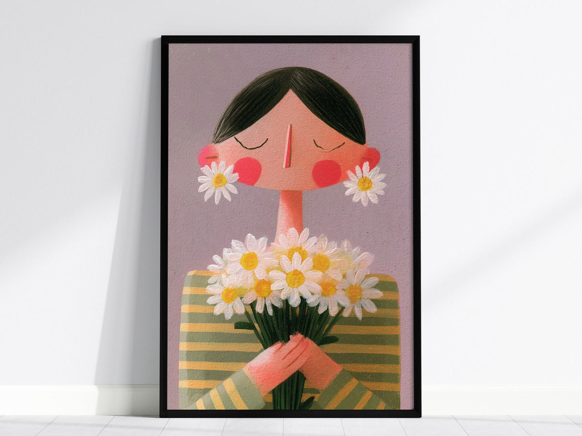 Daisy Earrings Poster | Sage and Butter Cute Art Print | Editorial Wall Art — framed print on the wall, 24x36 in