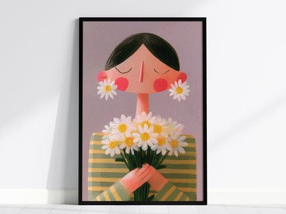 Daisy Earrings Poster | Sage and Butter Cute Art Print | Editorial Wall Art — framed print on the wall, 24x36 in