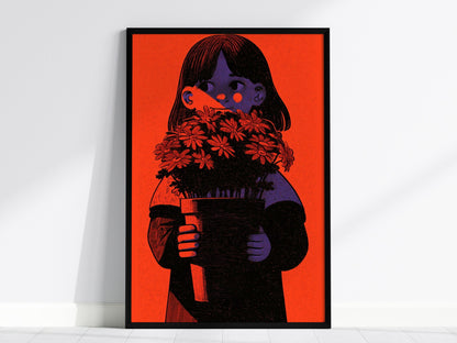 Girl Holds Blooms Poster | Coral and Purple Illustrative Art Print | Kids Room Wall Art — framed print on the wall, 24x36 in