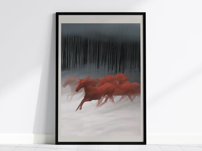 Red Horses Run Poster | Red and Black Watercolor Art Print | Dark Fantasy Wall Art — framed print on the wall, 24x36 in