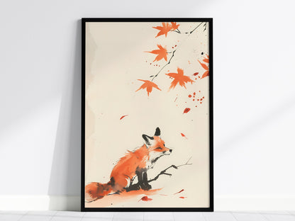 Autumn Visitor Poster | Rust and Sepia Japanese Watercolor Art Print | Minimalist Wall Art — framed print on the wall, 24x36