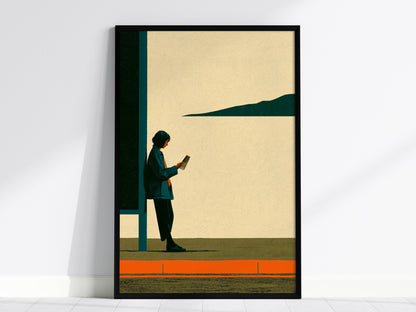 Woman Waits Morning Poster | Teal and Orange Illustrative Art Print | Urban Minimalist Wall Art — framed print on the wall, 2