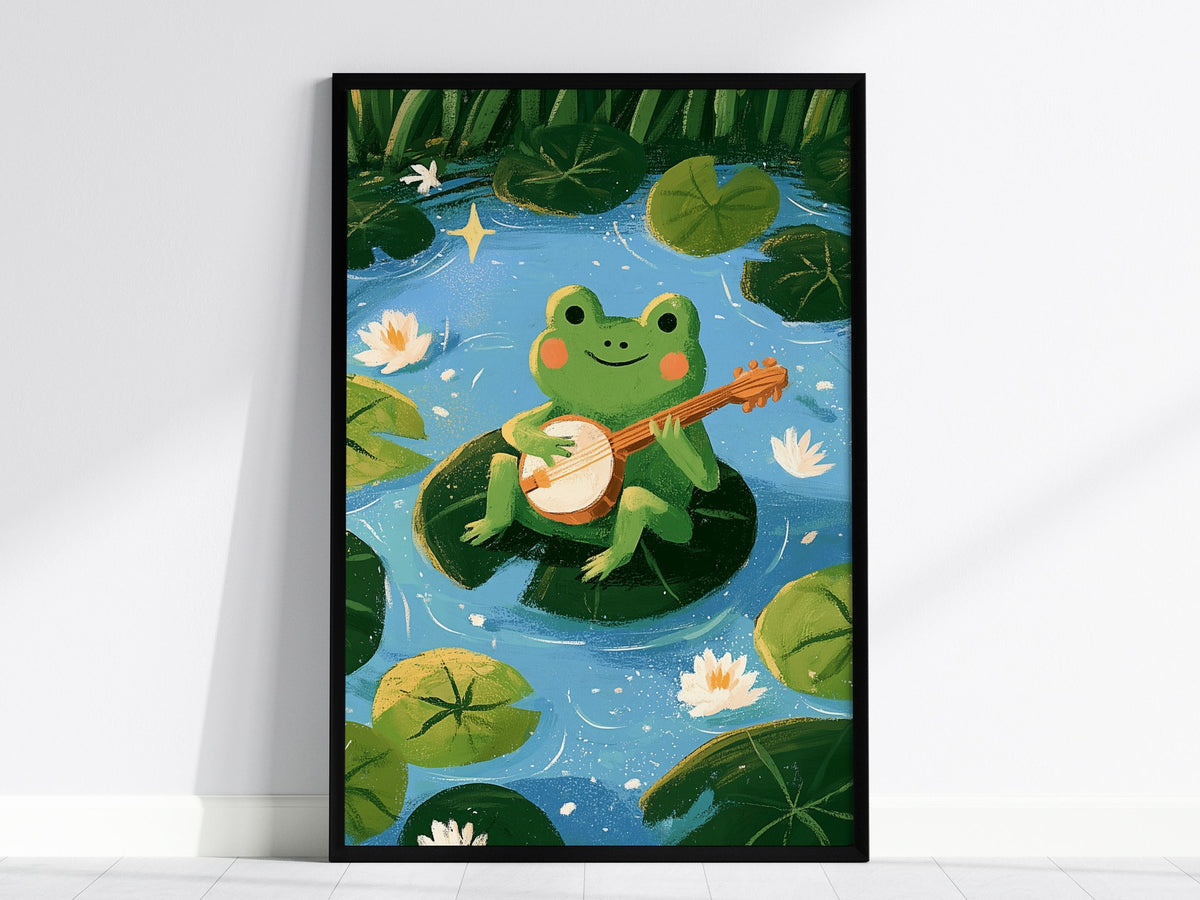 Frog Plays Banjo Poster | Lime and Teal Cute Art Print | Kids Room Wall Art — framed print on the wall, 24x36 in