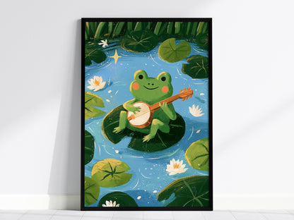Frog Plays Banjo Poster | Lime and Teal Cute Art Print | Kids Room Wall Art — framed print on the wall, 24x36 in