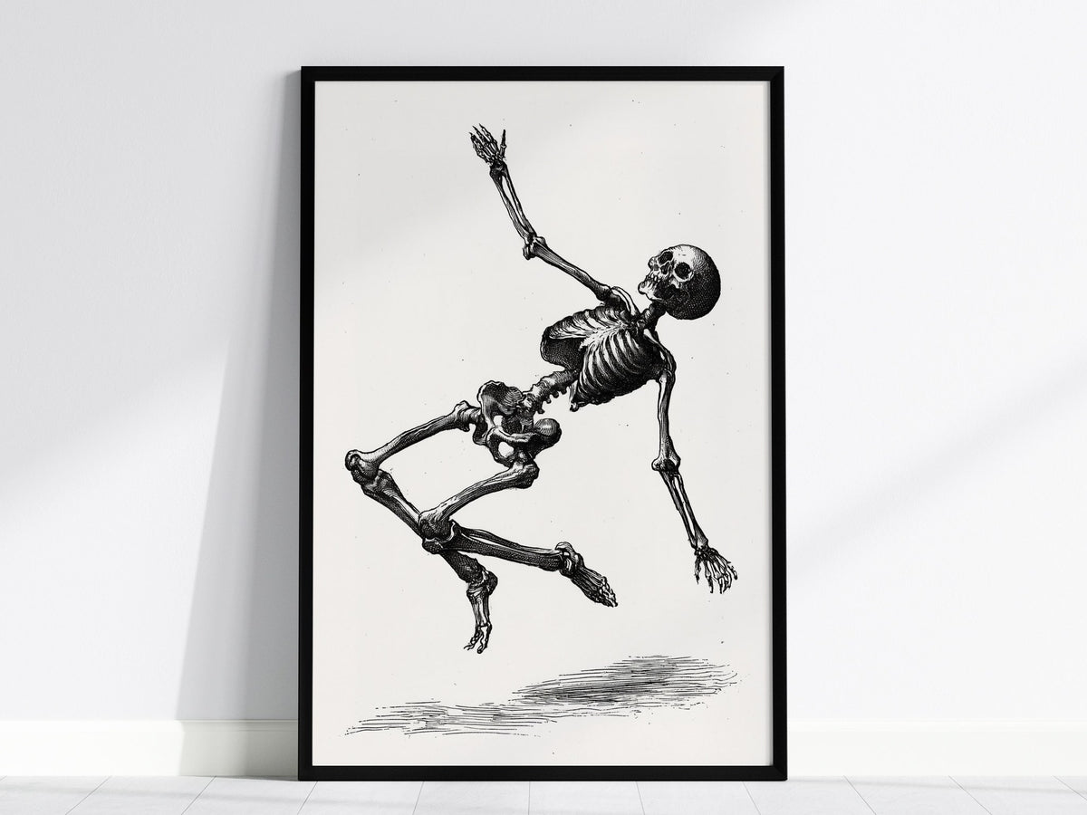 Skeleton Falls Poster | Cream and Black Pen and Ink Art Print | Dark Academia Wall Art — framed print on the wall, 24x36 in