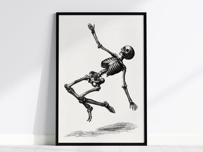 Skeleton Falls Poster | Cream and Black Pen and Ink Art Print | Dark Academia Wall Art — framed print on the wall, 24x36 in