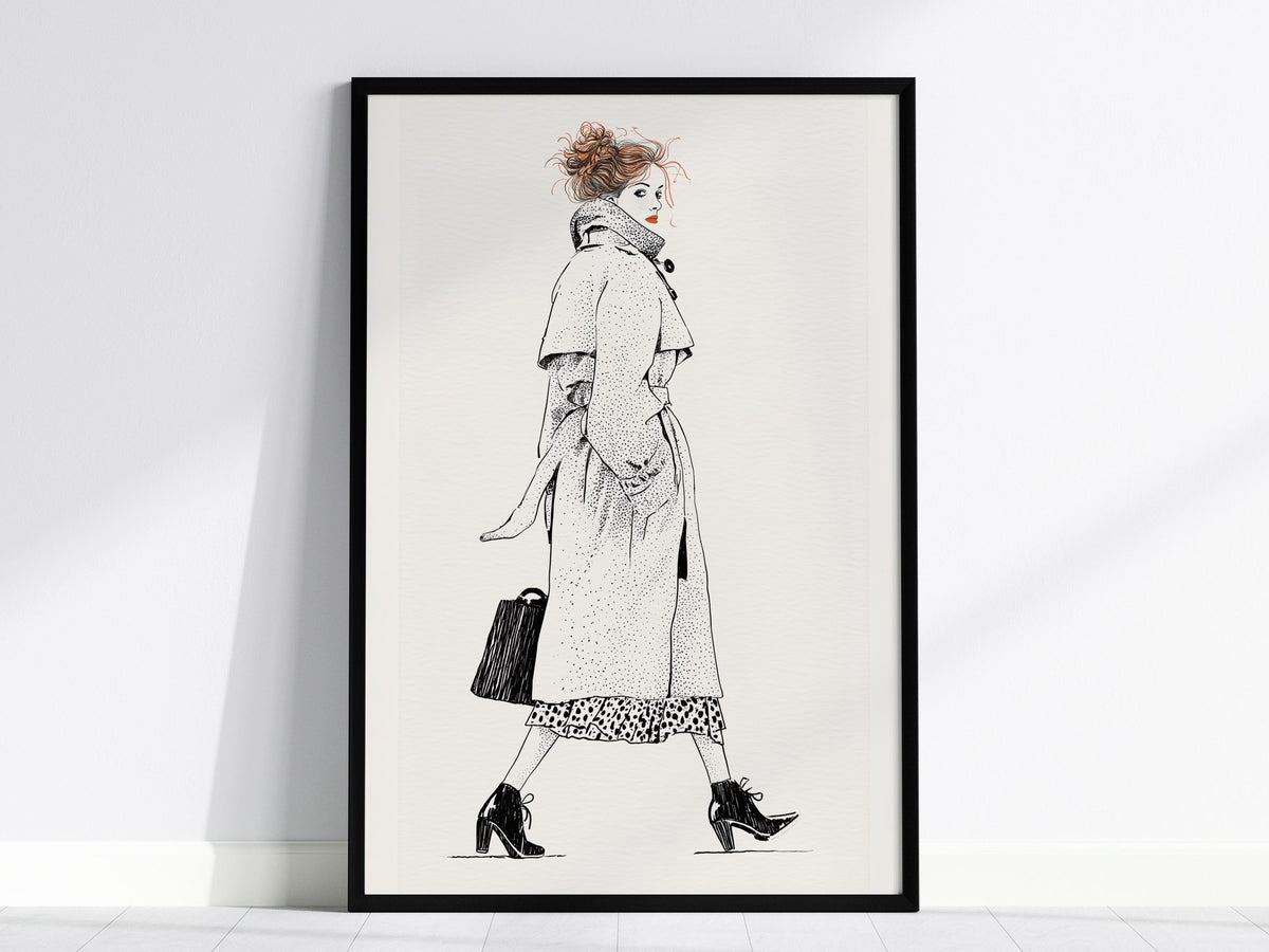 Woman Glances Back Poster | Orange and Cream Pen and Ink Art Print | Fashion Illustration Wall Art — framed print on the wall