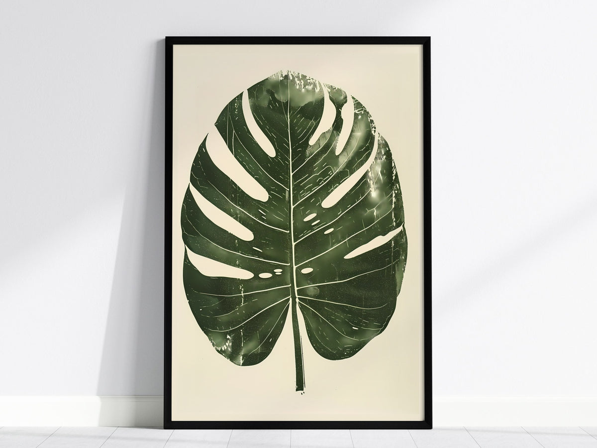 Monstera Leaf Grid Poster | Forest Green Screen Print Art Print | Botanical Wall Art — framed print on the wall, 24x36 in