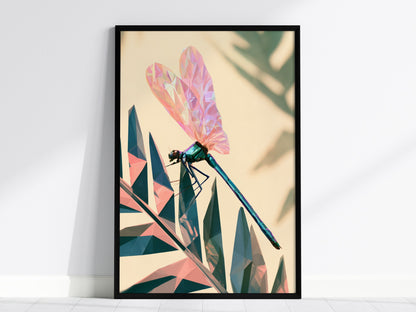 Damselfly Lands Crystal Poster | Teal and Lavender Low Poly Art Print | Modern Minimalist Wall Art — framed print on the wall