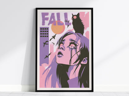 Girl Meets Fall Poster | Pink Purple Lime Illustrative Art Print | Surreal Pop Wall Art — framed print on the wall, 24x36 in