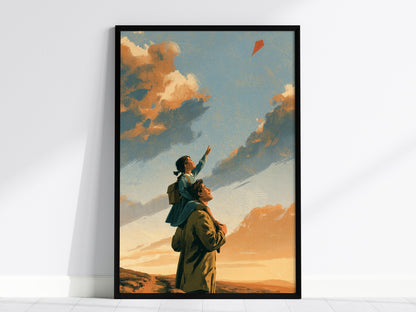 Shoulders Toward Sky Poster | Golden Orange Illustrative Art Print | Family Wall Art — framed print on the wall, 24x36 in