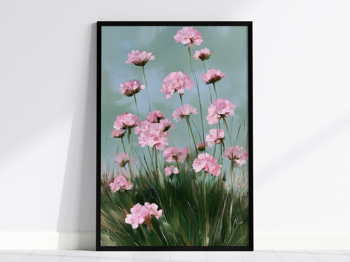 Thrift Blooms Sage Poster | Pink and Sage Oil Painting Art Print | Cottagecore Wall Art — framed print on the wall, 24x36 in