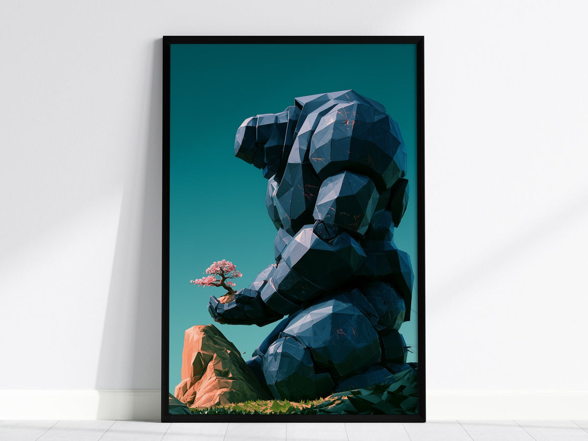 Golem Tends Blossom Poster | Navy and Teal Low Poly Art Print | Sci-Fi Wall Art — framed print on the wall, 24x36 in