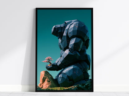 Golem Tends Blossom Poster | Navy and Teal Low Poly Art Print | Sci-Fi Wall Art — framed print on the wall, 24x36 in